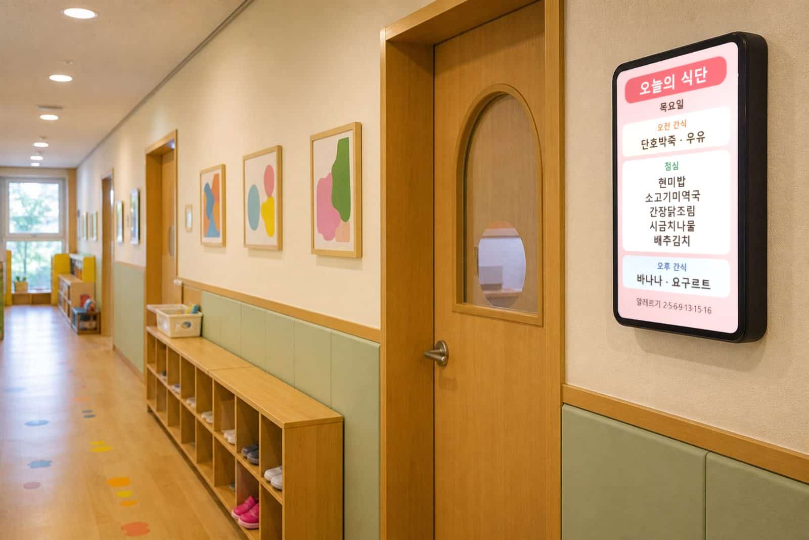 어린이집 복도 벽에 걸린 세로형 LED 전광판에 오늘의 식단(오전 간식·점심·오후 간식)과 알레르기 번호가 표시된 모습