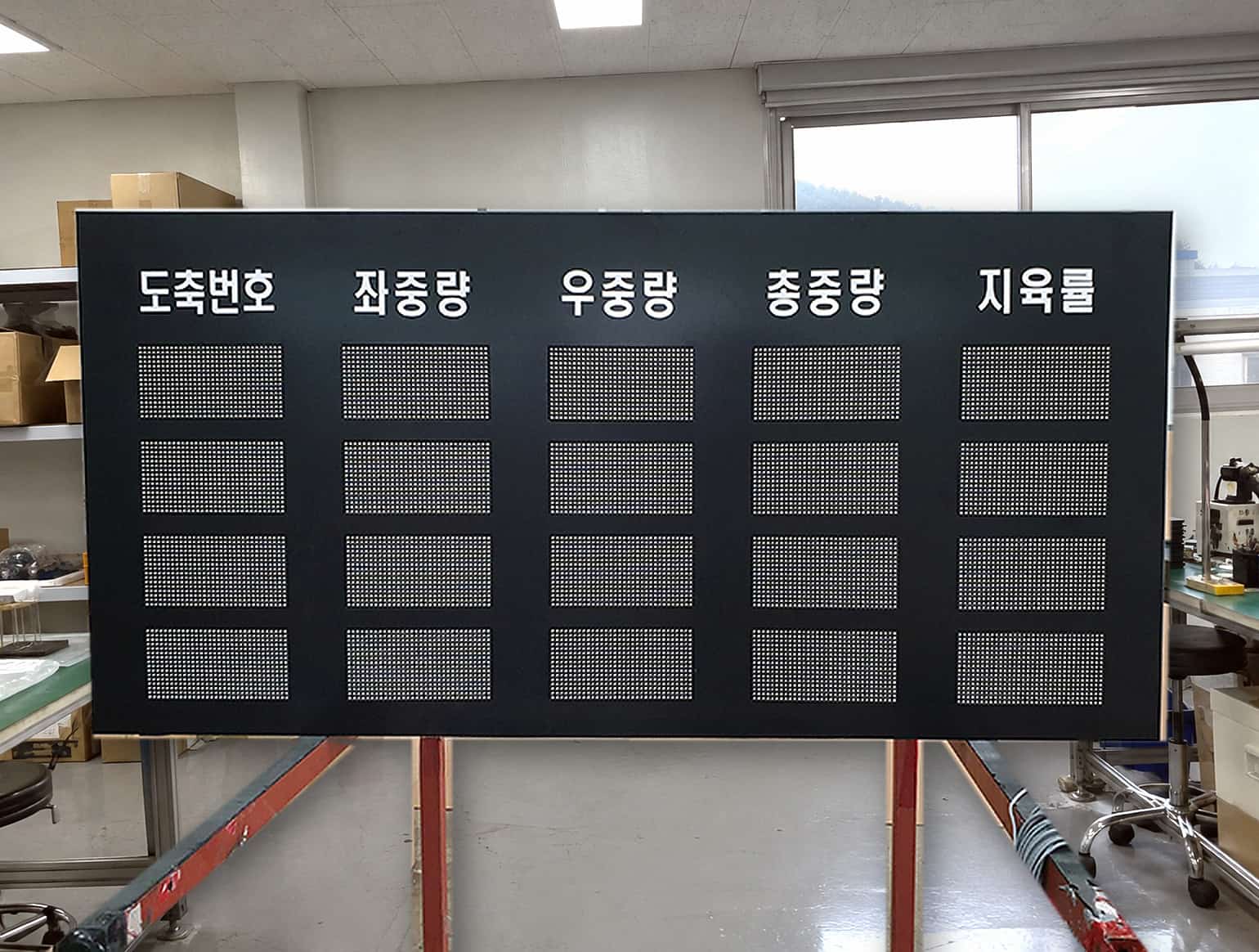 도축번호·좌중량·우중량·총중량·지육률 표시 전광판 캐비닛 제작 완료 모습