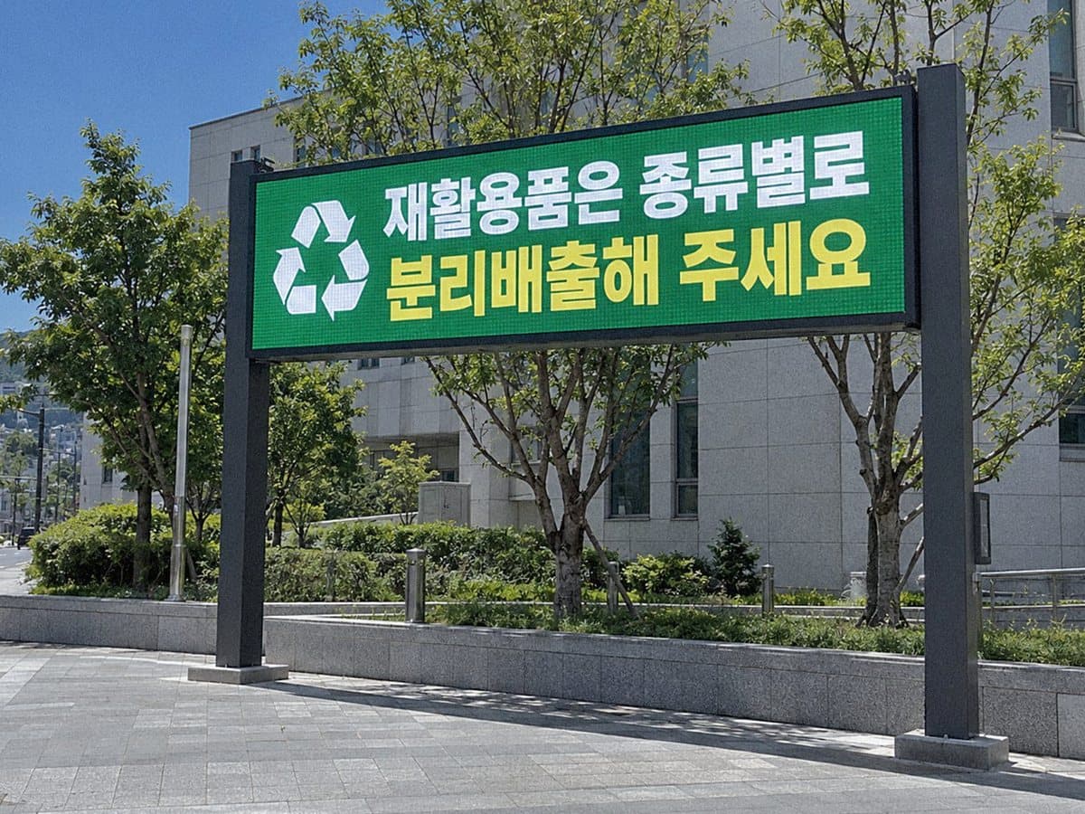 도로변 보도 뒤편 옛 현수막 게시대 자리에 두 기둥으로 세운 LED 전광판에 재활용품 분리배출 안내가 나오는 맑은 낮 장면