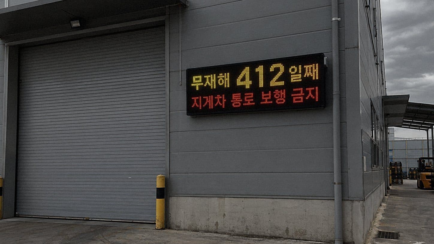공장 외벽 셔터 옆 패널 벽에 단 LED 전광판에 무재해 412일째와 지게차 통로 보행 금지 안내가 나오는 장면
