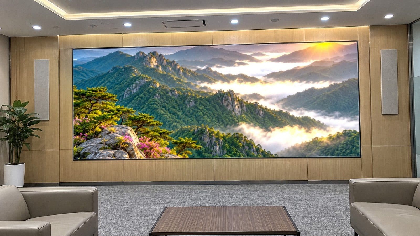 회사 라운지 목재 벽면 LED 전광판에 운해 낀 산 능선 자연 영상이 나오는 장면