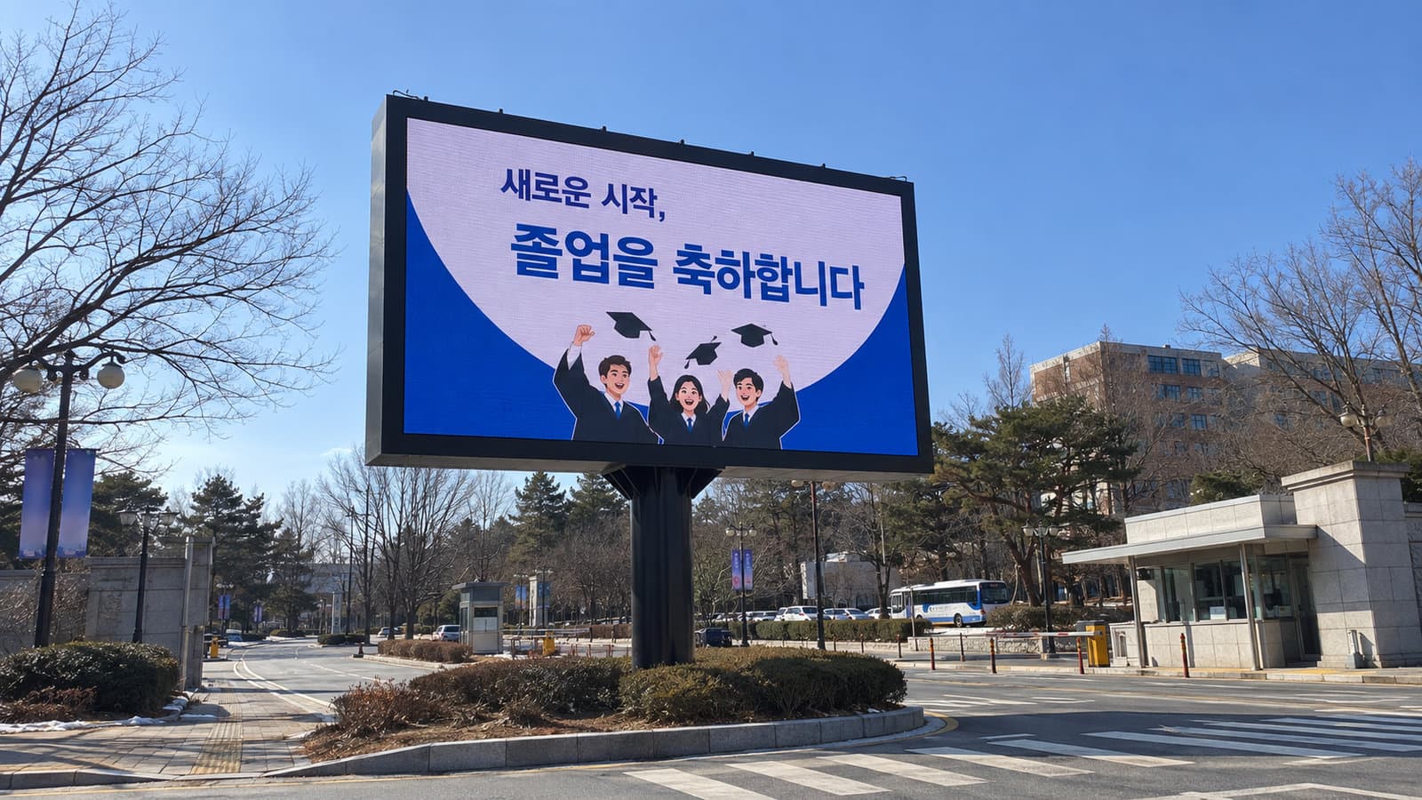대학 정문 진입로 화단에 선 단주형 옥외 LED 전광판에 졸업을 축하합니다 화면이 나오는 맑은 겨울 낮 장면