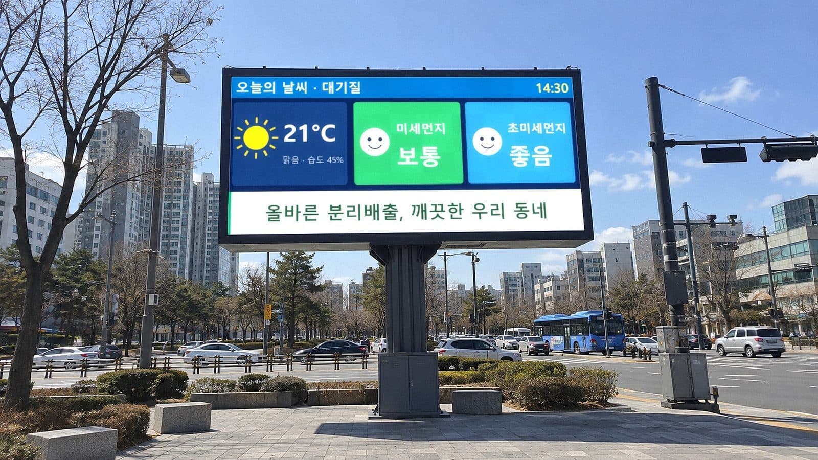 도심 대로변 대형 공공 전광판에 기온과 미세먼지·초미세먼지 등급, 시정 홍보 문구가 칸별로 표시된 장면