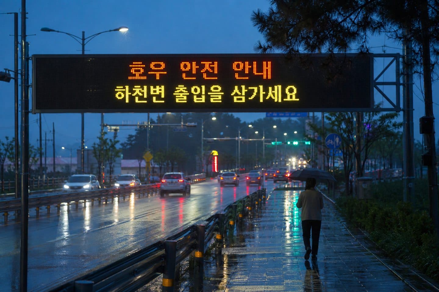 비 오는 저녁 한국 도로 위 전자현수막에 표시된 호우 안전 안내