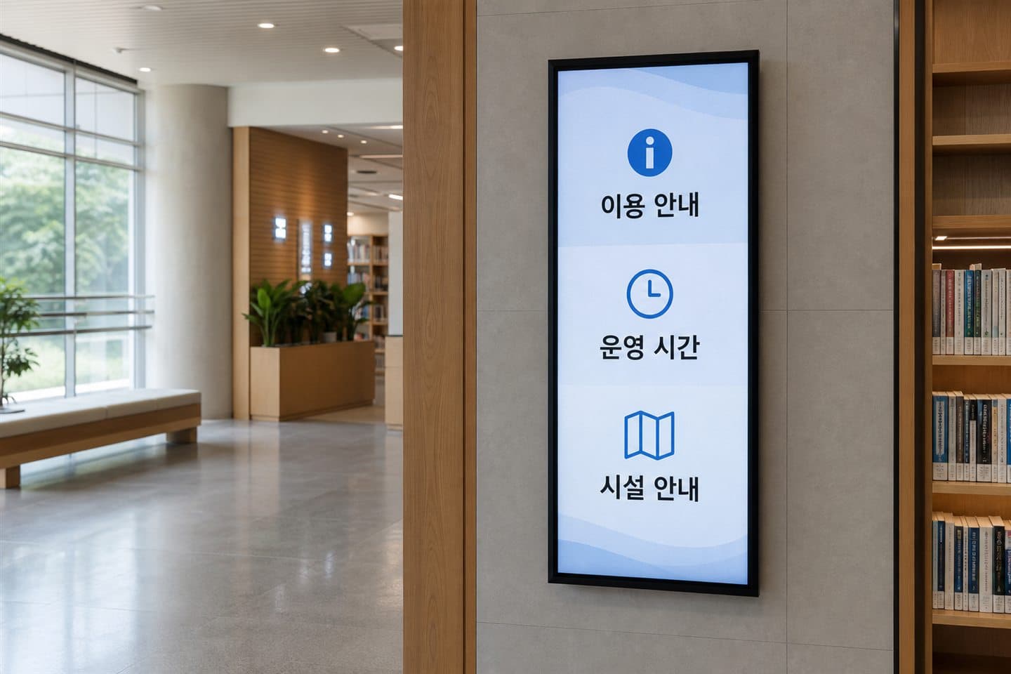 한국 공공 도서관 로비 벽면의 세로형 이용·운영시간·시설 안내 화면