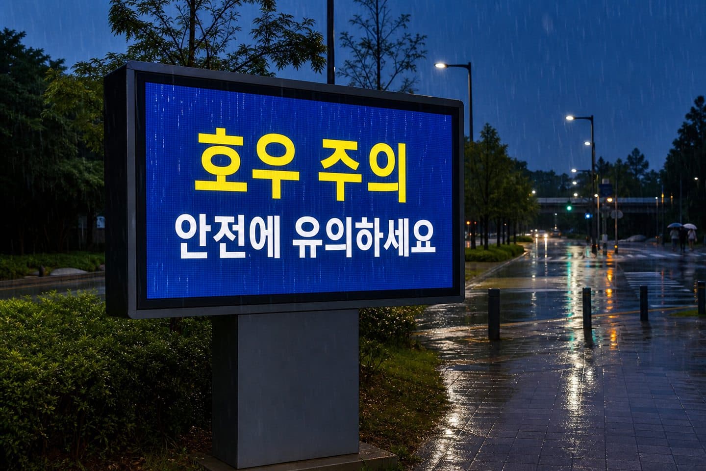 비 오는 저녁 한국 공공시설 진입로의 기둥형 호우 주의 LED 안내 화면