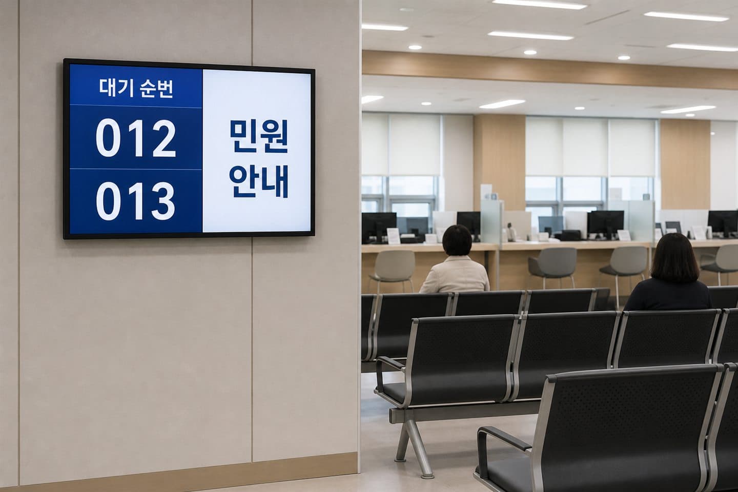한국 공공 민원실 대기 공간 벽면의 대기 순번 안내 화면