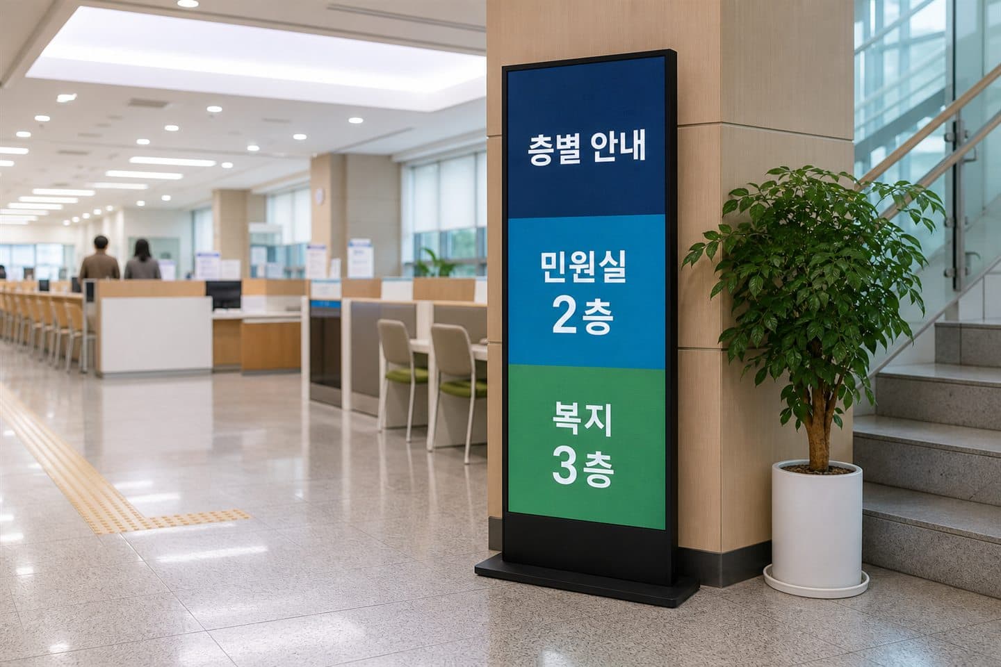 관공서 민원실 로비에 세워진 세로형 안내 화면이 층별 안내를 표시하고 있다