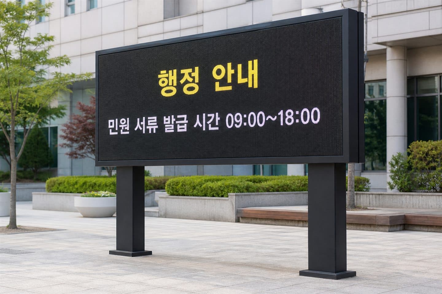 청사 앞 지주형 전광판이 행정 안내와 민원 서류 발급 시간 09:00~18:00을 표시하고 있다