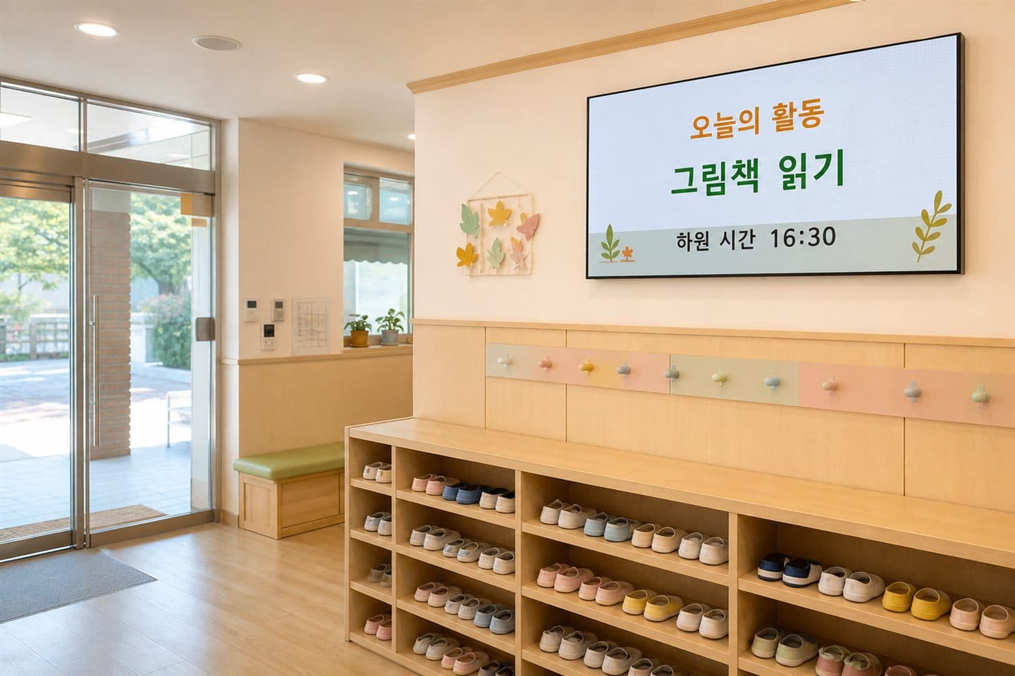 어린이집 현관에 설치된 소형 화면이 그날의 활동 안내를 표시하고 있다