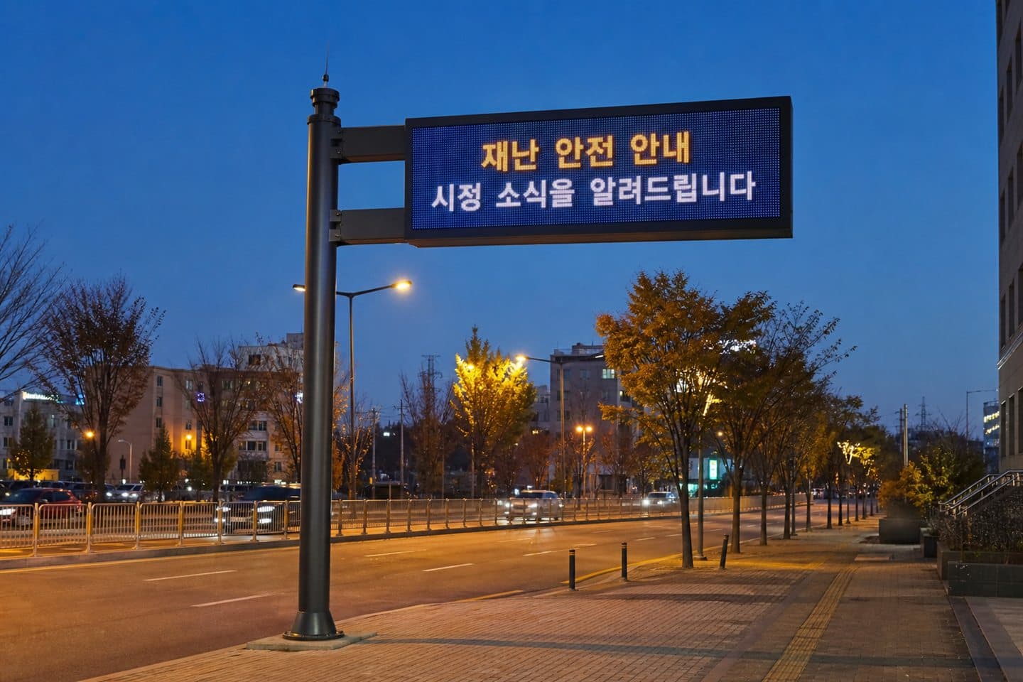한국 도로변에 지주로 세워진 옥외 LED 화면에 "재난 안전 안내" 문구가 표시되어 있다
