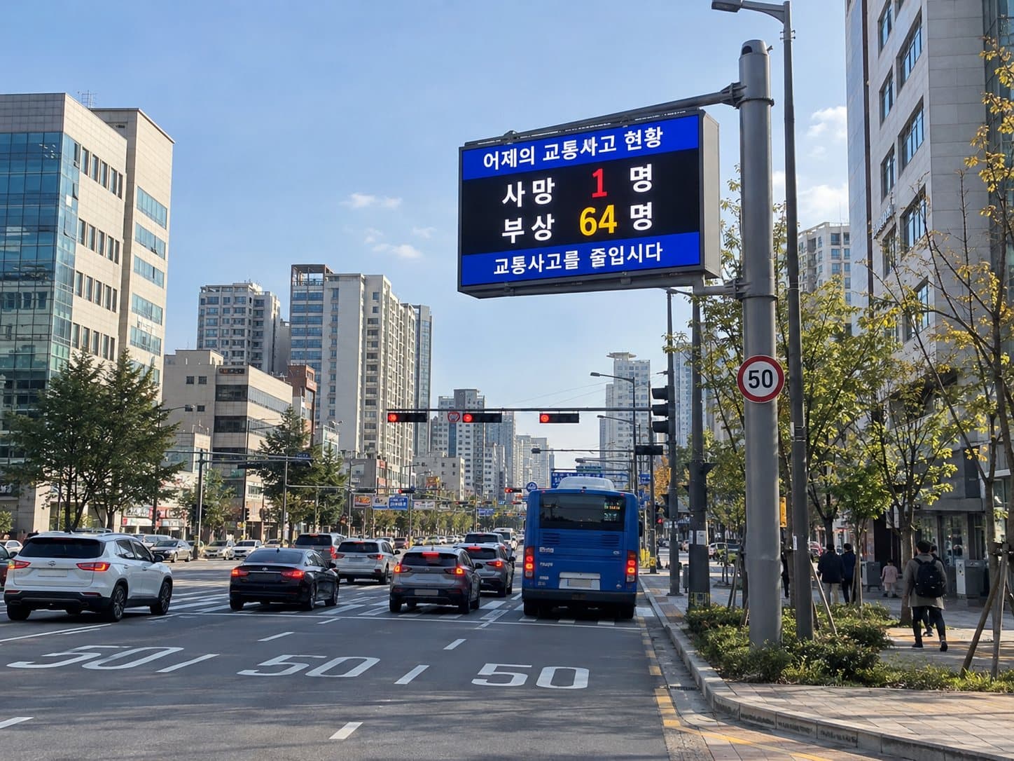 교차로 옆 기둥에 단 실외용 전광판에 교통사고 현황이 나오는 모습