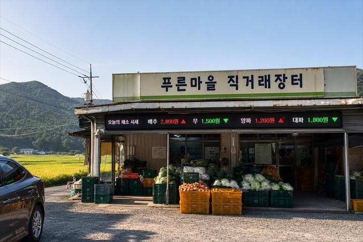 농협 직거래장터 건물 외벽에 걸린 전자현수막
