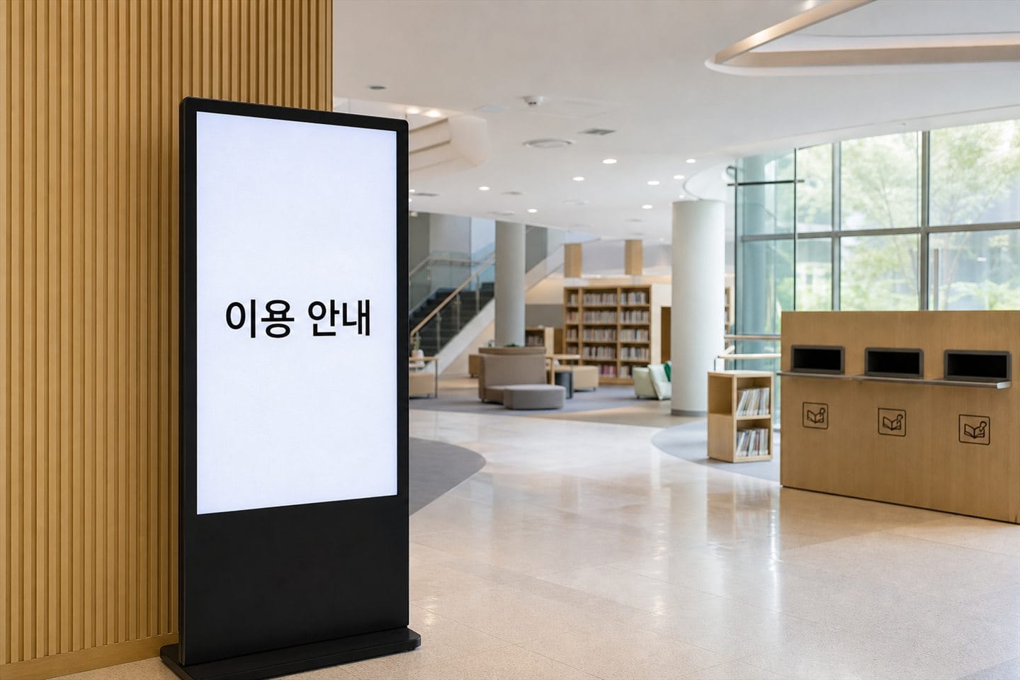 한국 공공 도서관 로비에 세워진 이용 안내 LED 키오스크