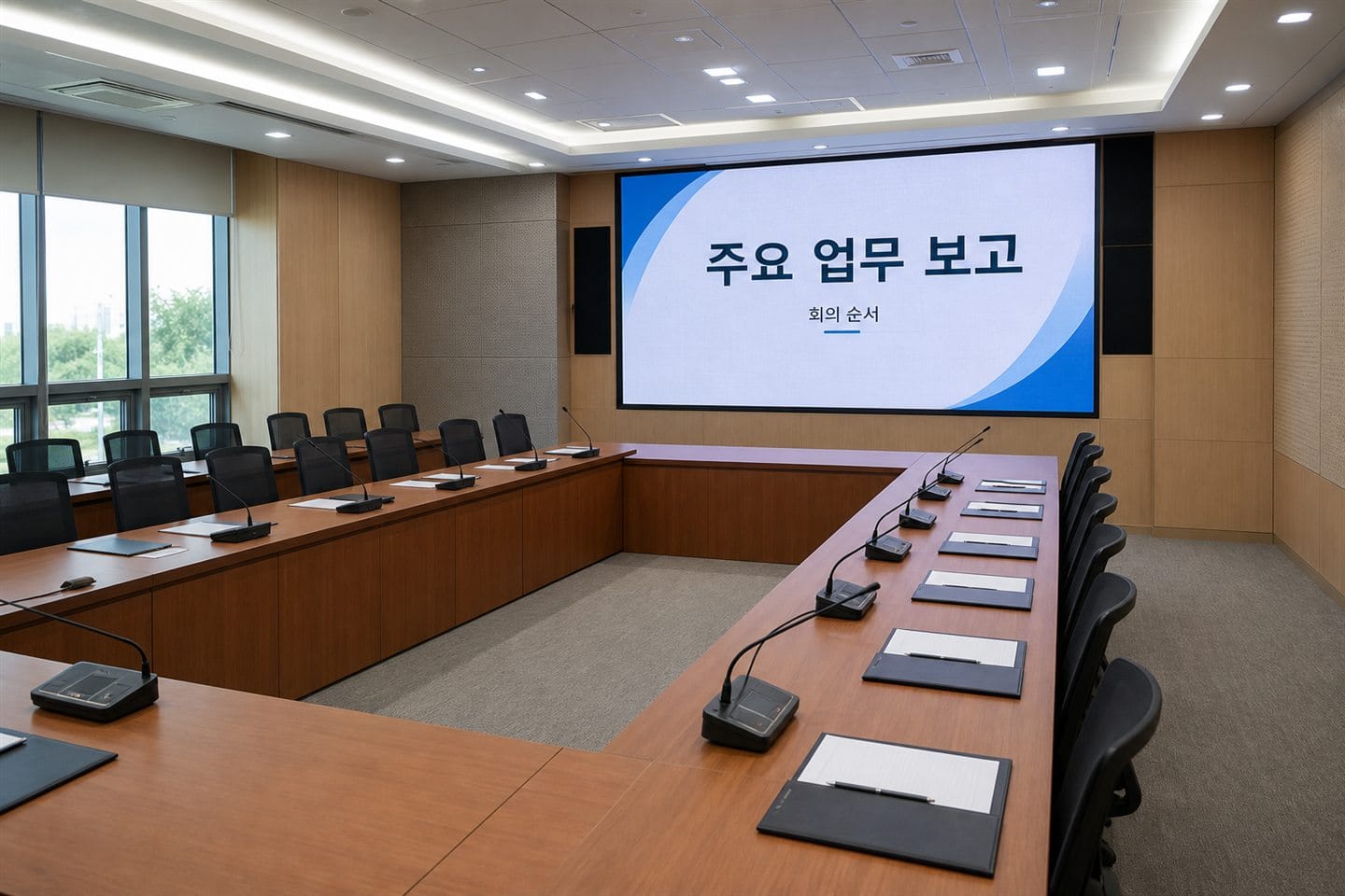 한국 공공기관 대회의실 정면에 설치된 업무보고 자료 표시용 대형 실내 화면