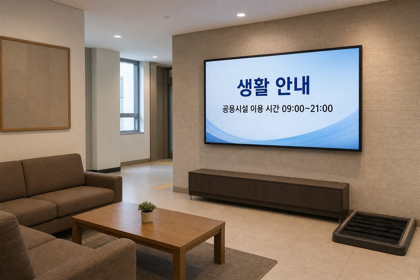 공동주택 커뮤니티 라운지 벽면 화면에 생활 안내와 공용시설 이용 시간