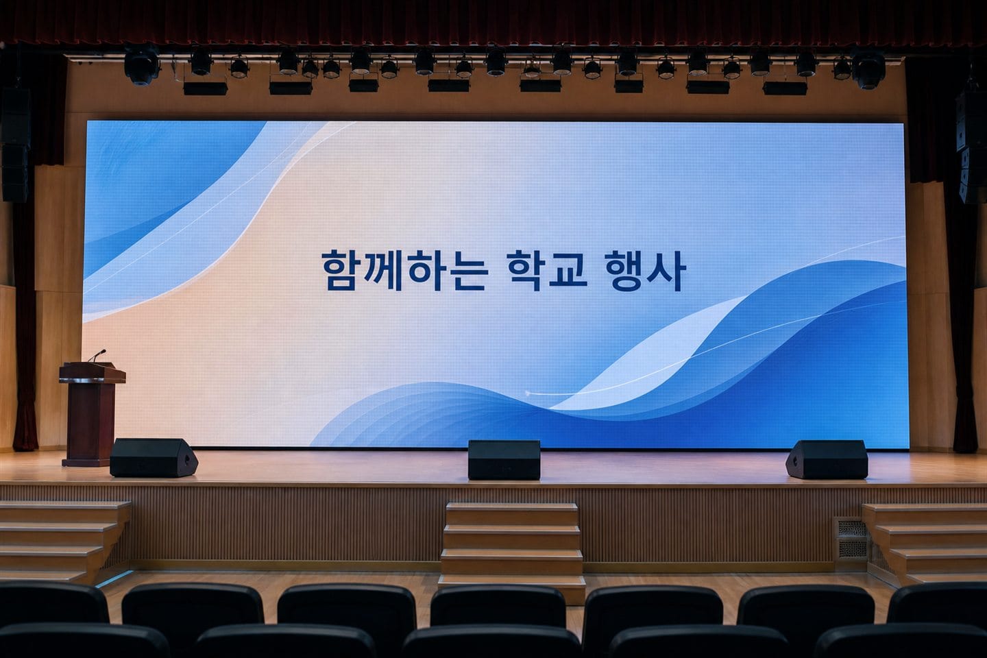 한국 학교 강당 무대 뒤편에 설치된 행사 안내용 대형 실내 LED 스크린