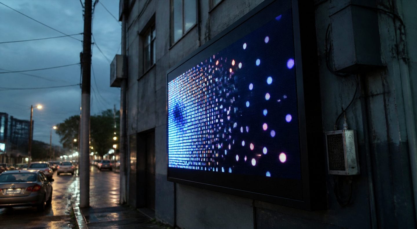 초점이 풀린 LED 픽셀들이 색점으로 번지는 근접 촬영